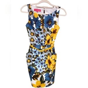 Nine & Co Sleeveless Blue & Yellow Floral Print  Belted Mini Dress Size 2.
